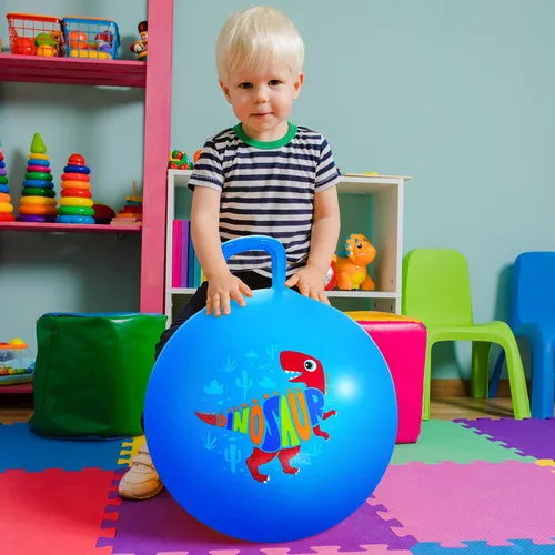 Vista 6 de Pelota saltarina, juguetes de dinosaurio para saltar para niños, pelota hinchable de 18 pulgadas con asa, juguetes saltarines azules inflables