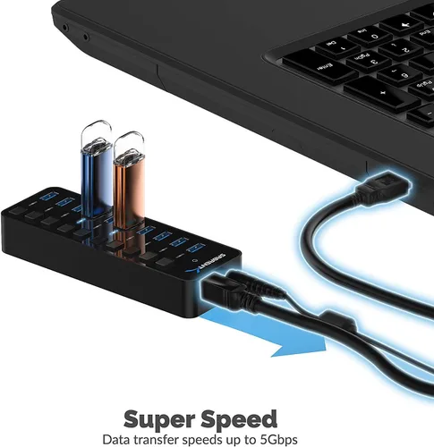 Vista 5 de SABRENT Concentrador USB 3.0 alimentado de 10 puertos y 60 W, interruptores