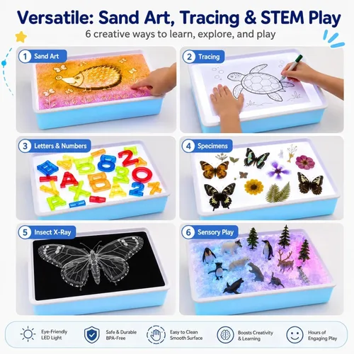 Vista 4 de Caja de luz de pintura de arena de 16 pulgadas, mesa sensorial portátil iluminada para niños y adultos, 3 modos de color y 10 niveles, mesa