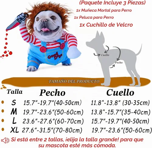 Vista 4 de Disfraz de perro de muñeca mortal para mascotas, divertido disfraz de Chucky de Halloween para perros pequeños, medianos y grandes, gatos