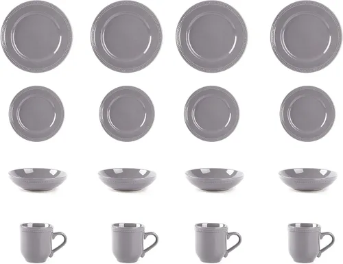 Vista 4 de HomeVss, Vajilla de cerámica Pearl Dots (juego de 16 piezas, gris) juegos de platos y cuencos, juegos de vajilla para 4, vajilla de puntos