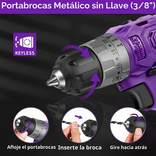 Vista 4 de Juego de taladro inalámbrico sin escobillas morado, kit de controlador de potencia compacto de 20 V con motor eléctrico, ajuste de par de 20+3, 48