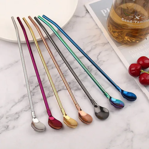 Vista 3 de 7 popotes de metal para beber con 2 cepillos de limpieza de 8.5 pulgadas, cuchara de barra reutilizable para café helado, bebida congelada, batidos
