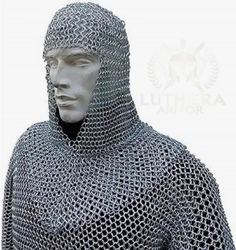 Vista 4 de Camisa de malla a tope con coif Haubergeon vestido de aluminio para SCA LARP