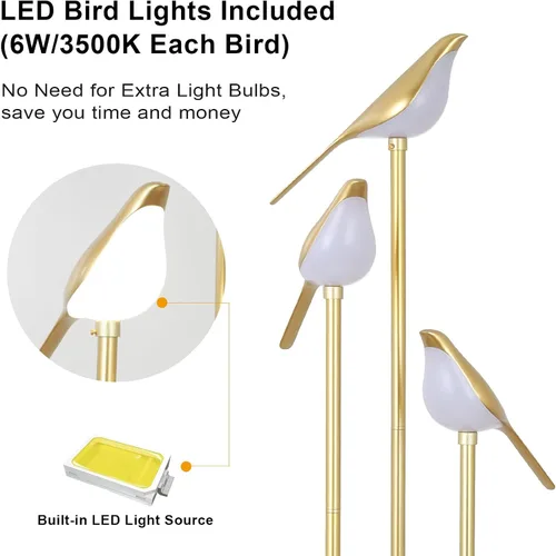 Vista 2 de Lámparas de pie doradas para sala de estar, lámpara de pie moderna con estantes, lámpara de pie de mediados de siglo con 3 luces LED de pájaro
