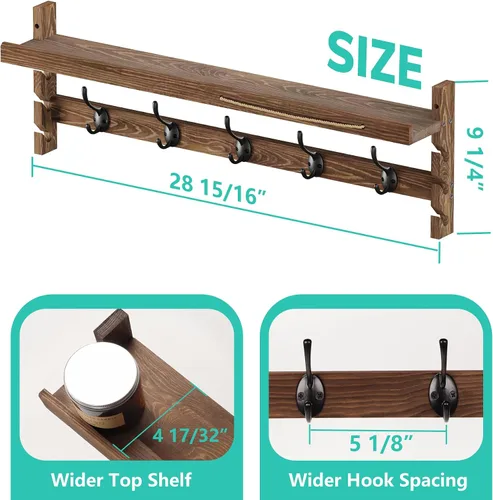 Vista 5 de AMBIRD Ganchos de pared con estante de 73.4 cm Entrada de pared con estante, ganchos para abrigos de madera, perchero de pared con estante