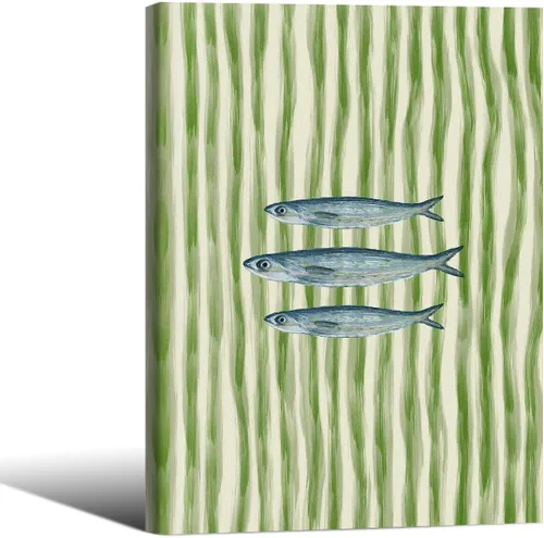 Vista 11 de Impresiones de Sardinas - Pósteres de pared de cocina de moda, diseño de rayas verdes, retro y moderna, estética de alimentos para el hogar
