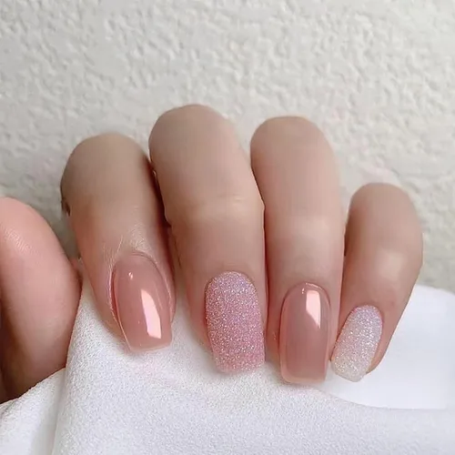 Vista 15 de Uñas postizas verdes a presión - Uñas falsas cortas cuadradas con purpurina dorada y diseños de remolino, acabado brillante, uñas postizas acrílicas