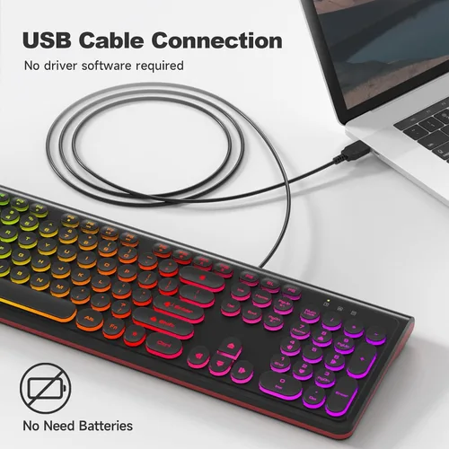 Vista 2 de Dilter Teclado USB con Cable para Computadora con Retroiluminación - Teclado de Tamaño Completo para Oficina con Numericero, Indicadores