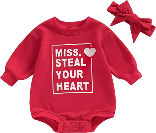 Vista 9 de Traje de bebé niña para el primer día de San Valentín, mameluco de burbujas con cuello redondo, sudadera linda para primavera y otoño