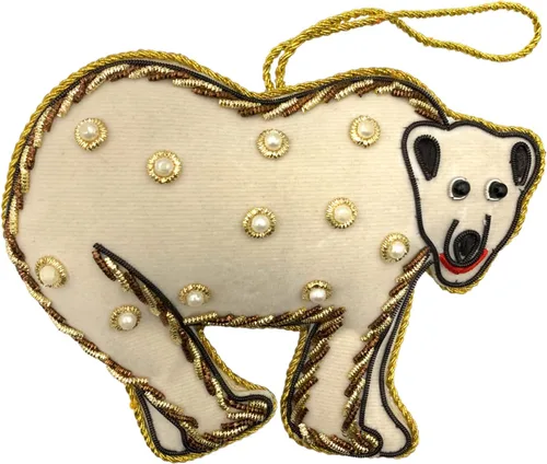 Vista 11 de Adorno de Navidad adornado con corazón verde, bordado Zari Zardozi dorado con cuentas y perlas de imitación, bolsa de presentación