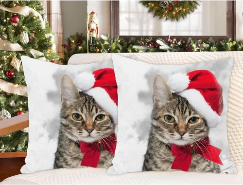 Vista 5 de SPXUBZ - Funda de almohadón navideño con gato de vacaciones de invierno con gorro rojo de Santa, funda cuadrada para sofá, cama, silla o sofá cama