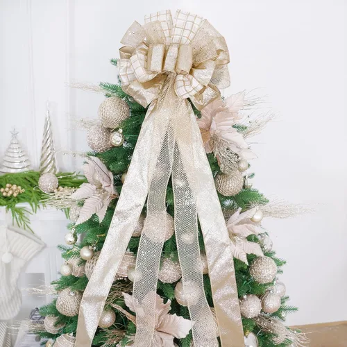 Vista 3 de Decoración para árbol de Navidad de 52 x 12 pulgadas, adorno de Navidad con serpentina de malla de satén con purpurina, para decoración y adornos