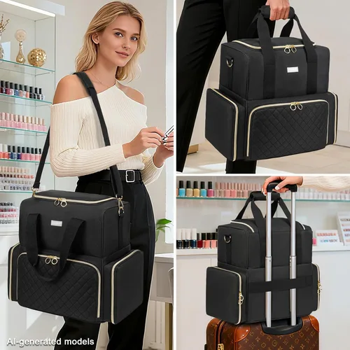Vista 7 de Organizador de esmalte de uñas con capacidad para 80 botellas y una lámpara de uñas, estuche de transporte de esmalte de uñas con 2 bolsas Negro