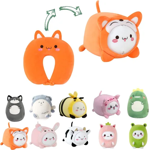 Vista 13 de Almohada de viaje para niños, almohada de cuello deformable 2 en 1 para niños, almohada suave en forma de U con adorable diseño de animales, cómodo