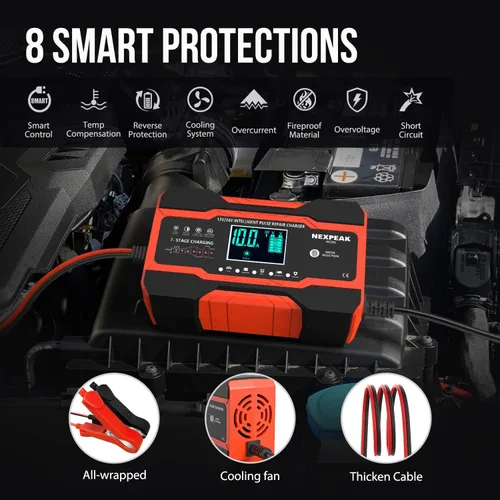 Vista 4 de NEXPEAK NC201 - Cargador de batería de 10 amperios, cargador inteligente de goteo de 12 V, 24 V, cargador de batería de automóvil, desulfatador