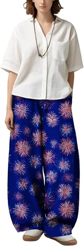 Vista 7 de Womens Wide Leg Firework Pattern Pants High Waist Cotton Blend Lantern Trousers Casual Summer Loungewear
