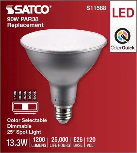 Vista 4 de Satco S11588; LED PAR38 de 13.3 vatios; base media; acabado plateado; CCT seleccionable; 120 voltios; ángulo de haz de 25 grados