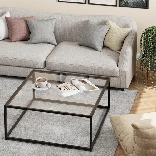Vista 3 de Mesa de Café de Vidrio Negro para Sala de Estar, Mesas de Café Cuadradas para Espacios Pequeños, Mesas Centro Modernas de Té y Cóctel Simples, Mesas