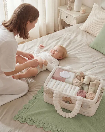 Vista 7 de Blissful Diary Flannel Diaper Caddy Organizer & Gift Packaging, Cream Beige Portable Diaper Basket, Nursery Storage Basket, Gift to Baby Shower
