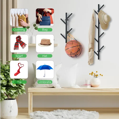 Vista 6 de Juego de 2 percheros negros para pared, perchero flotante de diseño moderno, perchero para ropa, bufandas, bolsos, gorras, ganchos verticales