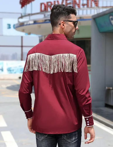Vista 5 de TURETRENDY Camisa de manga larga con flecos de vaquero occidental para hombre, con bordado de rosas, ajustada, con botones