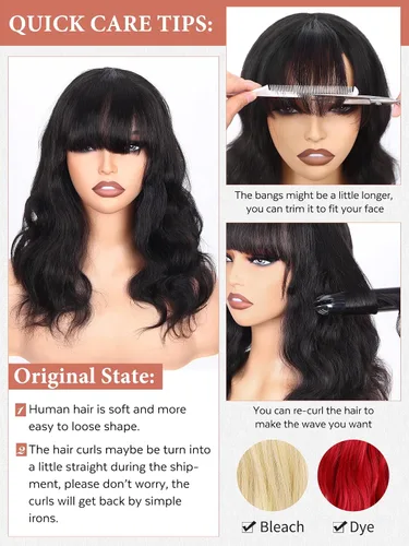 Vista 9 de WIGNEE Pelucas onduladas naturales con flequillo, 100% cabello humano brasileño, pelucas onduladas de moda, color negro natural