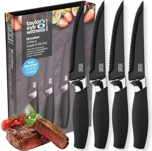 Vista 8 de Juego de 3 cuchillos de cocina de regalo - Brooklyn por Taylors Eye Witness. Refuerzos de color oro rosa, hojas afiladas como navajas finamente