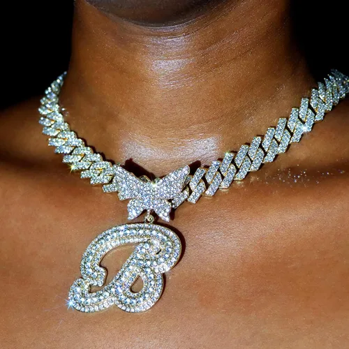 Vista 3 de Cuban Link Chain for Women Cursive Silver Initial 14MM Diamond Prong Cuban Chain Hip Hop Iced Out Chain Necklace Butterfly Initial Letter Name