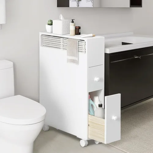 Vista 7 de MASAKA B&W Armario de almacenamiento de baño móvil con 2 cajones y estante, almacenamiento de papel higiénico, estantes de esquina