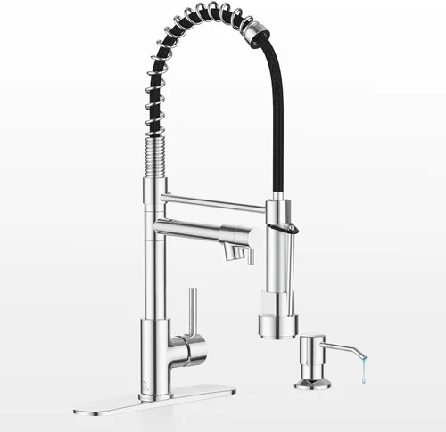 Vista 17 de Grifo de cocina con dispensador de jabón, grifos de fregadero de cocina de resorte de una sola manija con rociador desplegable y placa de cubierta
