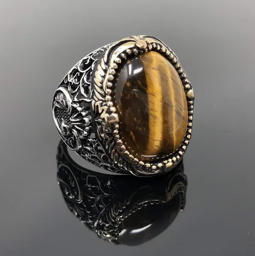 Vista 2 de KAR Anillo de ojo de tigre natural para hombre de plata de ley 925K estampado I1B