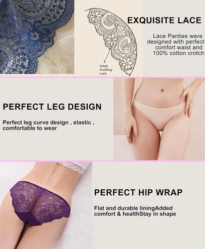 Vista 4 de Kingfung Ropa interior de encaje para mujer, braguitas de bikini transpirables hipster elásticas, paquete múltiple