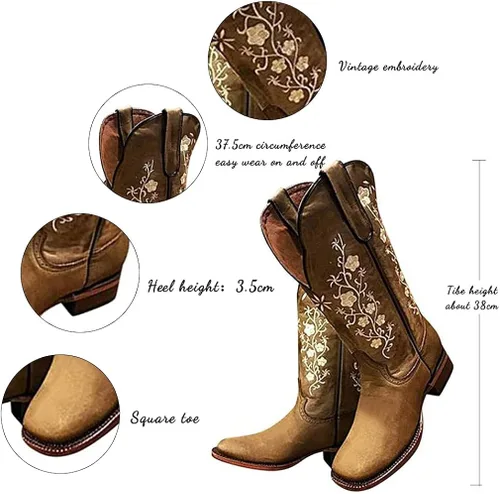 Vista 4 de SO SIMPOK Botas vaqueras retro occidentales para mujer, con diseño de mariposas bordadas de media pantorrilla, botas de tacón grueso