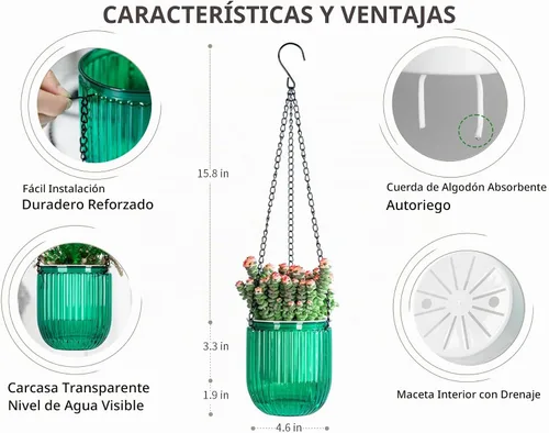 Vista 5 de Josteve 4.5 Pulgadas 2 Piezas Maceta Colgante de Riego Automático Macetas de Interior con Orificios de Drenaje, Macetas Colgantes Pequeñas