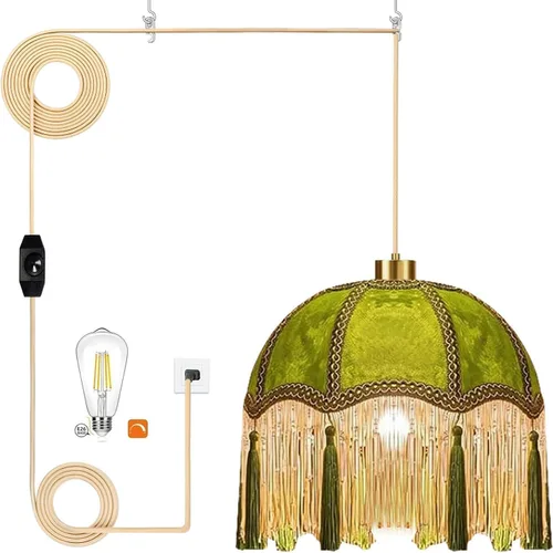 Vista 16 de Lámpara colgante de ratán para enchufar, con cable de enchufe, lámpara colgante de bambú regulable, tejida a mano estilo bohemio, pantalla