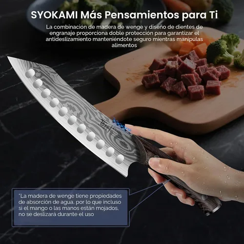 Vista 5 de SYOKAMI - Juego de cuchillos de cocina de estilo japonés de 3 piezas 8.2" Kiritsuke, 7.2" Nakiri, 4" Paring, Precision Cutting, Damascus