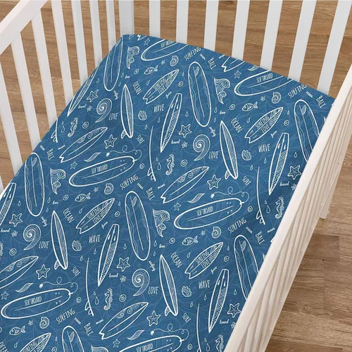 Vista 3 de Sábana bajera ajustable para cuna de tabla de surf, aguas azules, elementos oceánicos, ondas, espirales, dibujos, contornos blancos, Hobby Fun