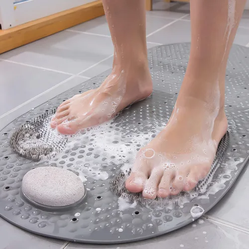 Vista 2 de Tapete de ducha para pies, tapete de baño antideslizante para bañera con ventosas, tapete de baño con pies, 32 x 16 pulgadas