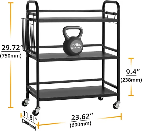 Vista 2 de HDANI Carrito de metal rodante de 3 niveles, carrito multiusos de alta capacidad resistente para oficina, cocina, sala de estar, dormitorio, negro