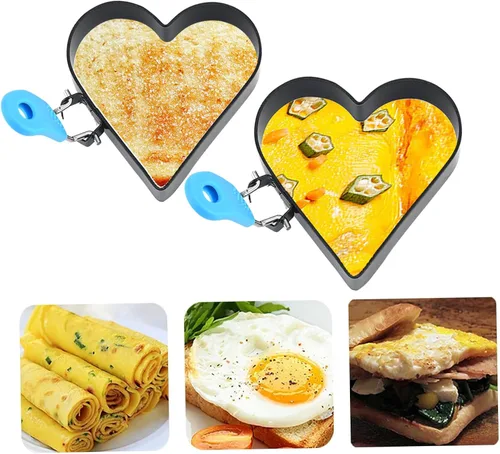 Vista 6 de 2 anillos de huevo antiadherentes de 4 pulgadas en forma de corazón para freír huevos con mango de silicona, molde de huevo de acero inoxidable