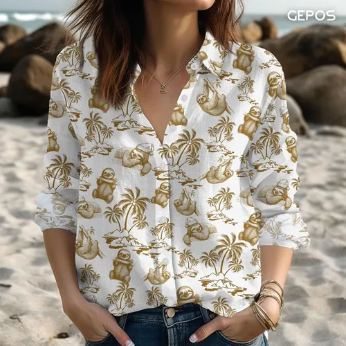 Vista 4 de Camisa de verano con botones para mujer, camisa casual con botones para ropa de playa, camisa ligera de manga larga