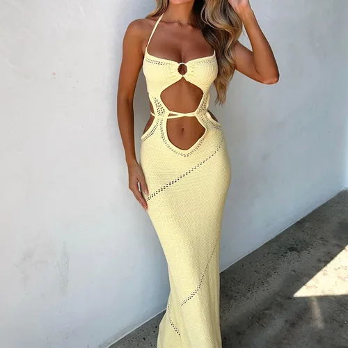 Vista 3 de NUFIWI - Vestido largo para mujer con corte de tirantes delgados, calado, cuello halter, sin espalda, maxi vestido de fiesta y fiesta Y2K Ropa