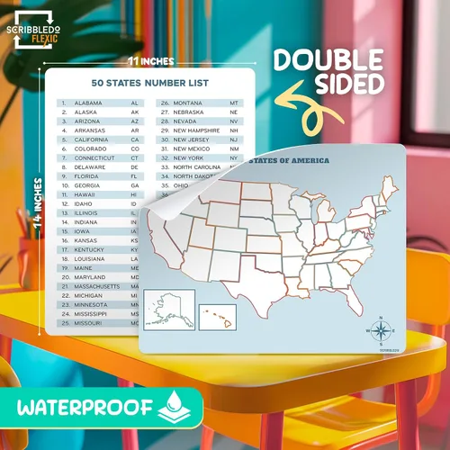 Vista 7 de SCRIBBLEDO Hojas de mapa de Estados Unidos de borrado en seco de 11 x 14 pulgadas, mapas de práctica reutilizables de Estados Unidos