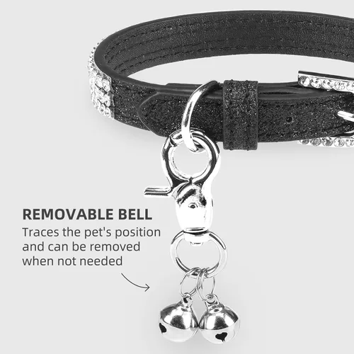 Vista 5 de PUPTECK Collar básico ajustable para gato con diamantes brillantes y campanas dobles, para gatitos y cachorros pequeños, collares de diamantes