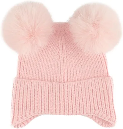 Vista 2 de C.C Gorro de piel doble con pompón para bebé con solapa para las orejas para niños y niñas, cómodo, suave, cálido, gorro de punto Skully