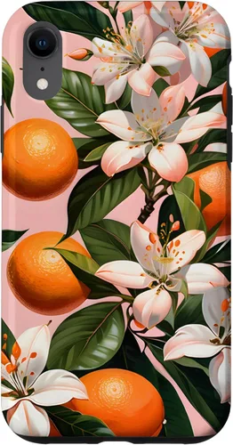 Vista 25 de Carcasa para iPhone 17 con diseño de flores de naranja sobre fondo rosa