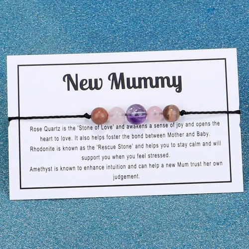 Vista 5 de Pulsera de cuentas de cristal de amatista de chakra curativo con tarjeta de deseos de cuidado, ajustable, espiritual, ansiedad, amor, amistad