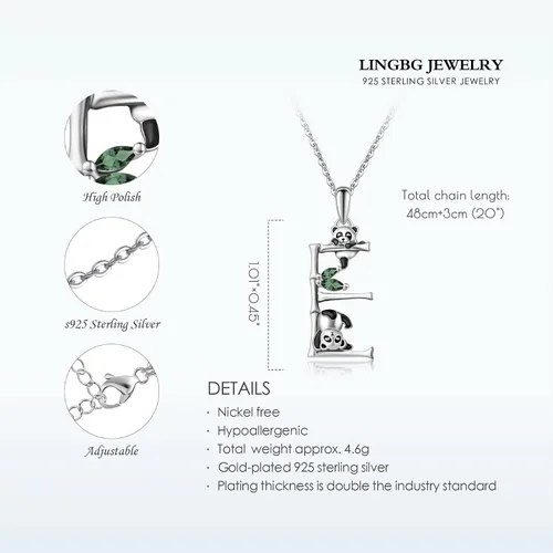 Vista 4 de Collar de panda, plata de ley 925, collar con inicial de panda para mujer, con inicial O, letra E con dije de letra E, regalo de joyería para niñas