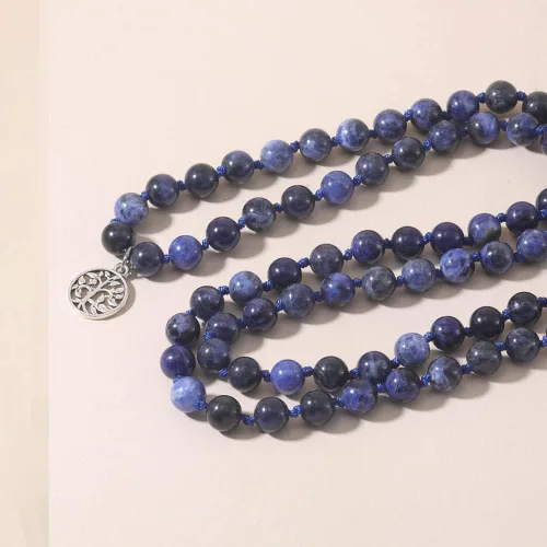 Vista 4 de 108 cuentas de Mala piedras semipreciosas Japa Mala cuentas borla collar con colgante de árbol de la vida